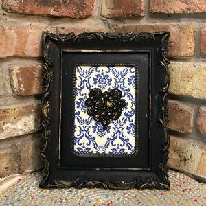 Hand-painted Ornate Frame Mix Media Art Black Clay Heart Rose Frame Art 11 x 9